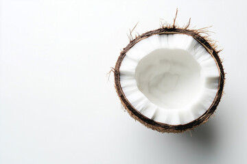 Close-up of a half coconut on a white background, ideal for healthy lifestyle themes.