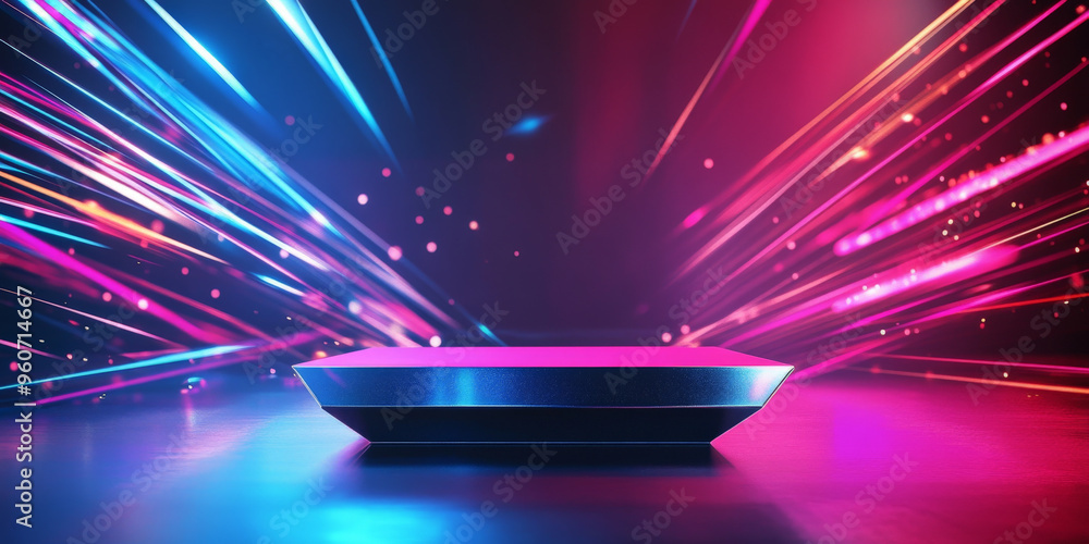 Poster a futuristic metallic podium with sharp angles, set against a digital background with glowing lines 