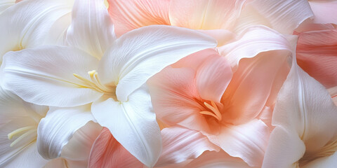 Fototapeta premium A delicate, macro close-up of white and pink lily petals, with soft, smooth textures and a bright, airy feel, perfect for a fresh, clean background.