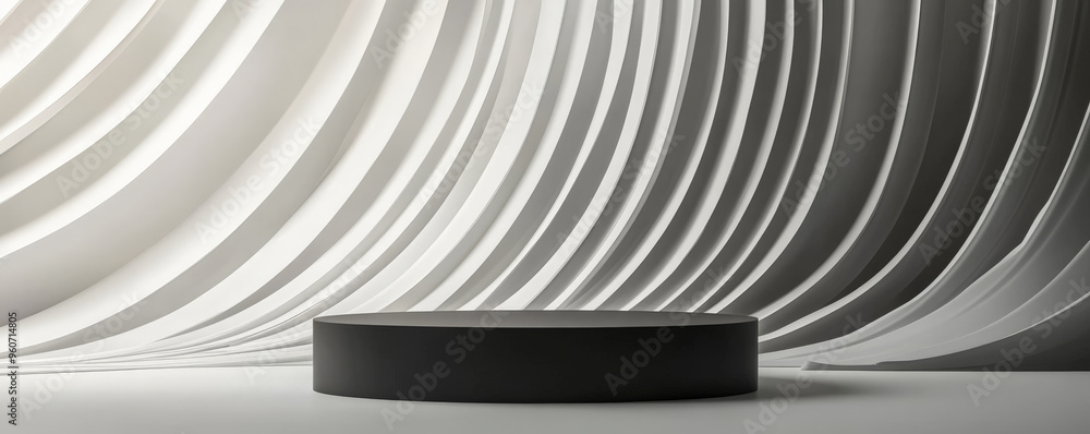 Poster a glossy, black podium with rounded edges, set against a modern, abstract background with sweeping l