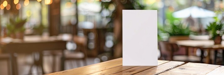 Menu Mockup Presentation in a Restaurant Environment Featuring a Blank Booklet with White Pages on a Wooden Table Ideal for Promotional Materials and Information Sharing.