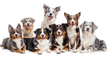 A group of dogs are sitting in a row, with one dog on the left