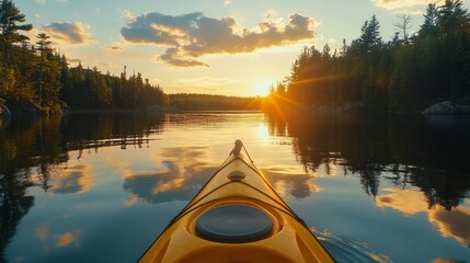 Kayaking in Northwest Ontario, Canada, at dusk on a serene lake.