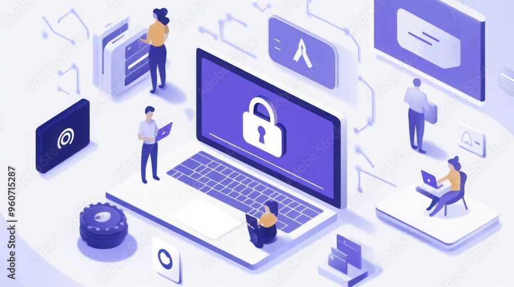 Poster people practicing cyber hygiene, using password managers, two-factor authentication in a clean, mode