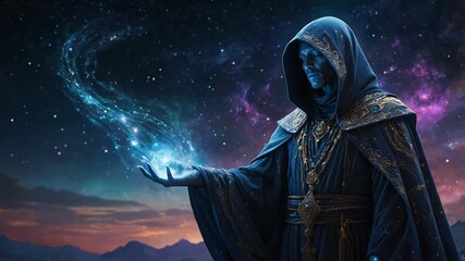 wizard with magic wand in the night