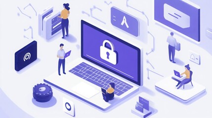 people practicing cyber hygiene, using password managers, two-factor authentication in a clean, modern digital workspace