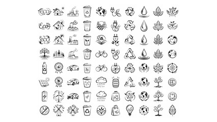 Fototapeta premium Eco icons set, black and white line art, recycling, sustainability, energy, and nature symbols