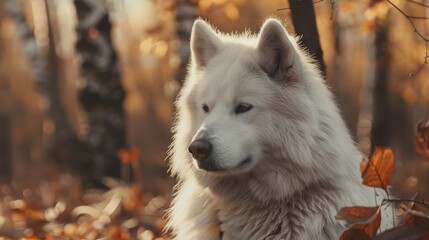 Obraz premium Samoyed in a forest, close-up. 