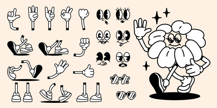 Set of groovy comic elements. Retro hipster hands, legs and faces expressing various emotions. Hand drawn cute vintage character. Doodle vector illustration collection isolated on background