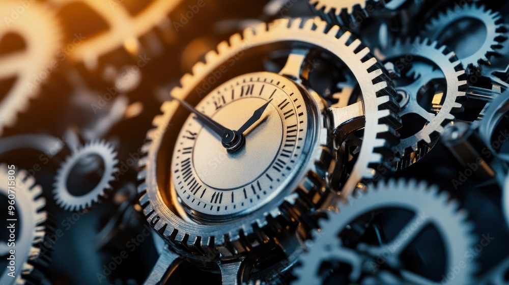Poster close up of interlocking gears and clock face