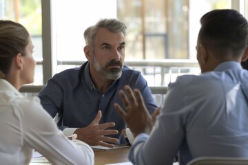 Business leaders engage in a collaborative discussion during a team meeting in a modern boardroom