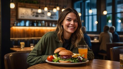 woman eating sandwich in cafe steadicam