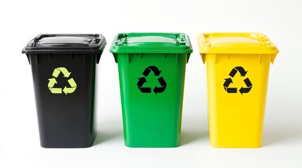 Three trash cans with the word recycle on them