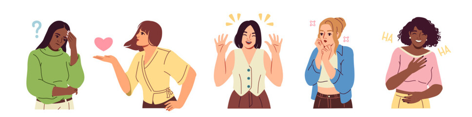 Fototapeta premium Set of gesturing people. Women express different emotions through body language and hand gestures. Thoughtful, surprised, laughing and romantic girls. Flat vector illustration isolated on background