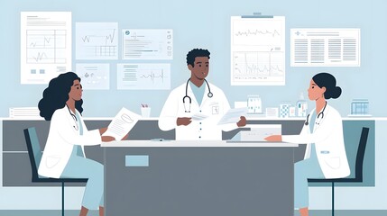  Illustration of three medical professionals in an office setting, discussing patient data