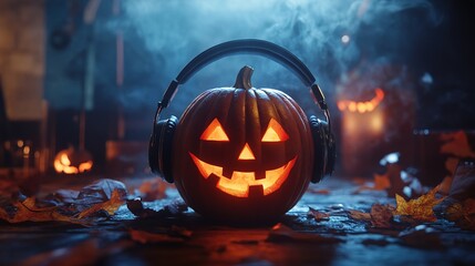 Halloween party with a Jack O' Lantern pumpkin sporting headphones, set against a chilling Halloween night backdrop.