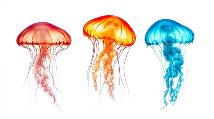 Three jellyfish with different colors are floating in the air