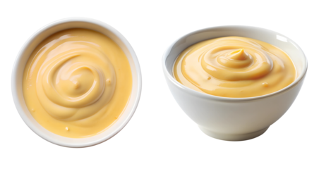 White bowl with cheese sauce dip, side and top view, food bundle, isolated on a transparent background