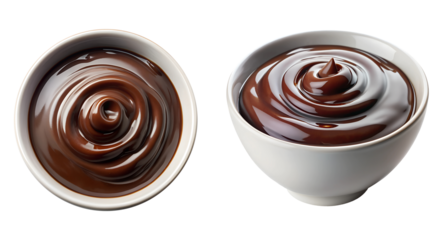 White bowl with chocolate dip, side and top view, food bundle, isolated on a transparent background