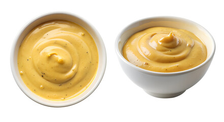 White bowl with mustard sauce dip, side and top view, food bundle, isolated on a transparent background