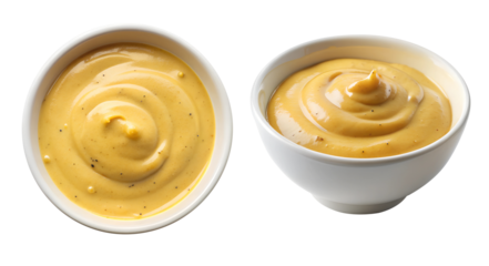 White bowl with mustard sauce dip, side and top view, food bundle, isolated on a transparent background