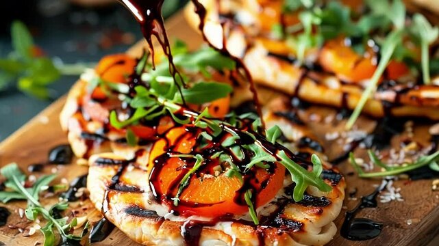 Grilled flatbread topped with ricotta, peaches and fresh arugula, drizzled with balsamic glaze on a wooden serving board. Perfect for a summer appetizer or light lunch