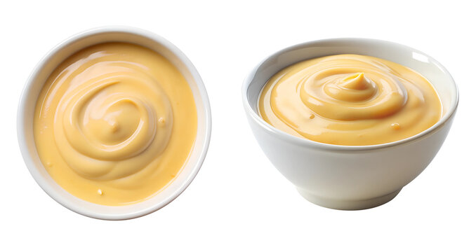 White bowl with cheese sauce dip, side and top view, food bundle, isolated on a transparent background
