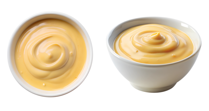 White bowl with cheese sauce dip, side and top view, food bundle, isolated on a transparent background