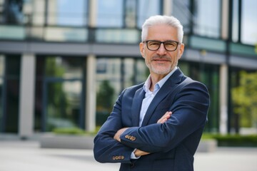 Confident gray-haired businessman standing outside a modern office building with crossed arms, exuding success and focus in a tailored suit