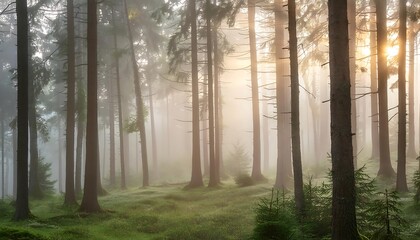 Foggy morning in a dense forest