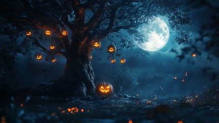 Halloween Jack-o'-Lanterns Hanging from a Tree in a Dark Forest