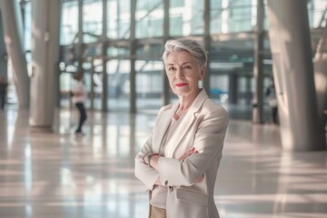Fototapeta premium Successful older business woman exudes confidence while standing in a modern financial building during daylight
