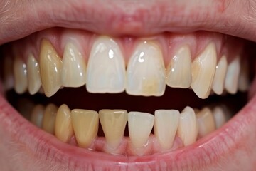 A comparison of yellow and white teeth showcasing dental health differences in a smiling female in natural light