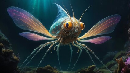 A whimsical creature with iridescent wings swims through the deep blue ocean.