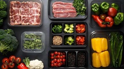 Naklejka premium Realistic detailed display of meal prep products featuring multi-compartment containers, fresh veggies, and lean meats on a tidy surface