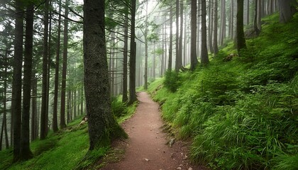 Obraz premium Hiking trail through a dense forest