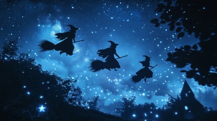 Fototapeta premium Three Silhouetted Witches Flying on Broomsticks Against a Starry Night Sky