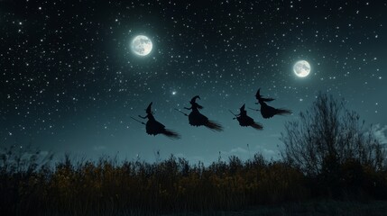 Three Witches Flying on Broomsticks Under a Starry Night Sky