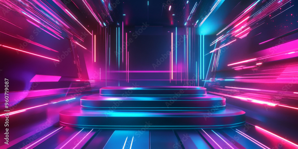 Poster a futuristic metallic podium with sharp angles, set against a digital background with glowing lines 