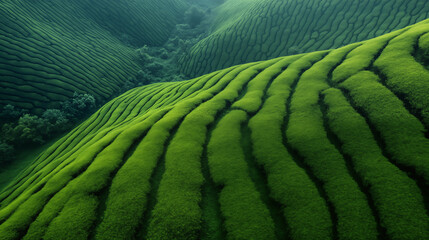 Fototapeta premium Lush green tea terraces on rolling hills. Concept of agriculture and natural patterns.