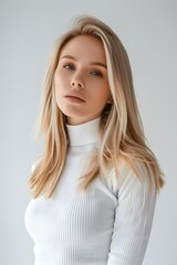 Obraz premium White female in white top on white background