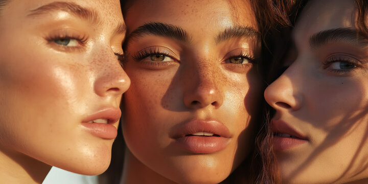 Close-up of three women with sun-kissed skin and freckles in natural light