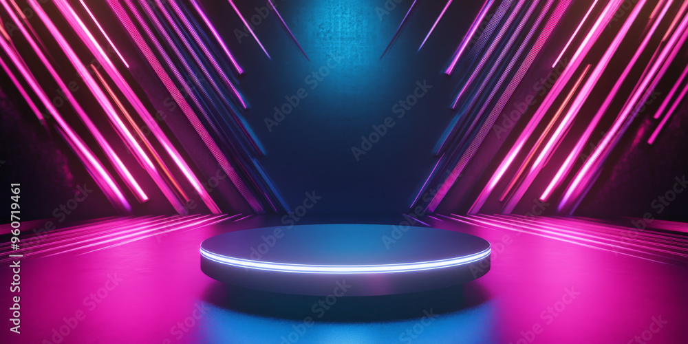 Poster a futuristic metallic podium with sharp angles, set against a digital background with glowing lines 
