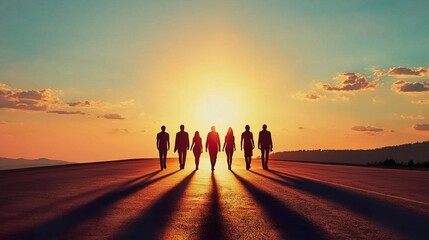 Fototapeta premium Silhouetted figures against a stunning sunset, creating a dramatic scene of unity and inspiration on a quiet road.