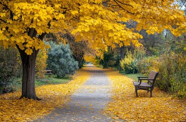 Naklejka premium In Krakow, Poland, colors of autumn abound in a park on a sunny morning