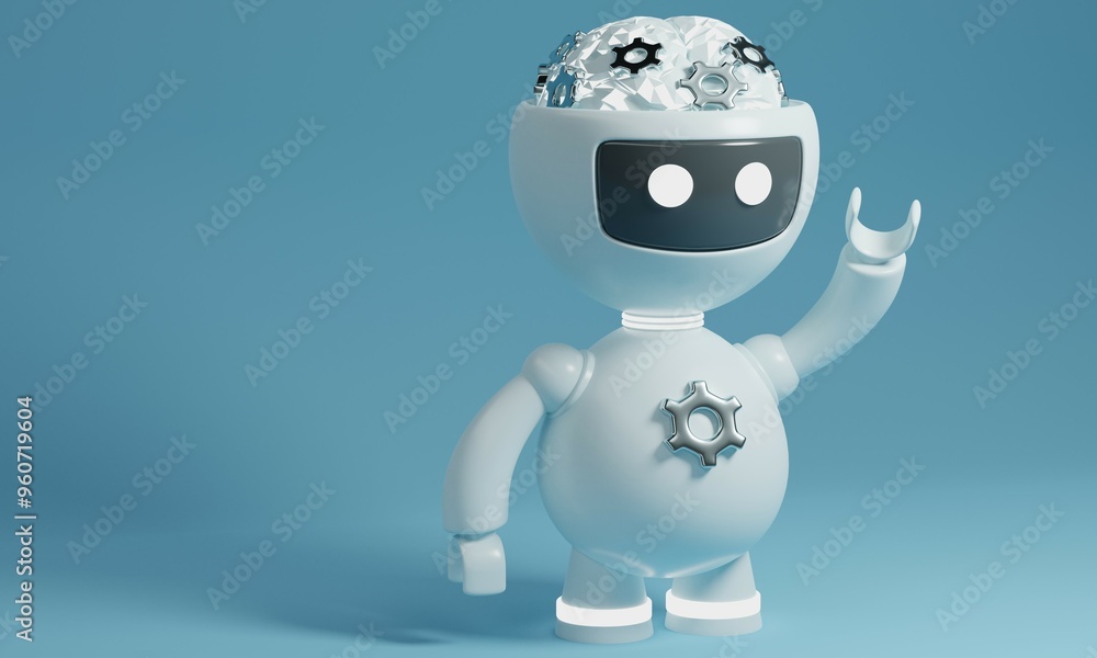 Poster friendly robot with gears in its brain waving hello. 3d rendering