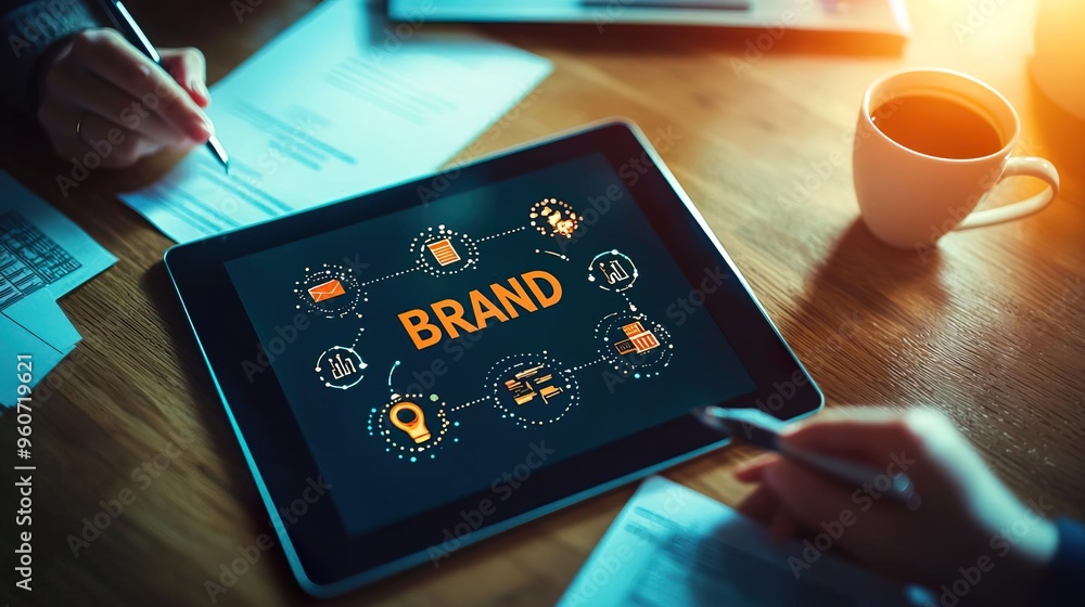 Wall mural tablet displaying brand strategy concepts with hands and documents in a modern workspace, highlighti
