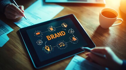 Tablet displaying brand strategy concepts with hands and documents in a modern workspace, highlighting teamwork and creativity.