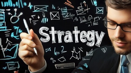 A businessman develops a strategic plan with visual diagrams and notes, emphasizing innovation and analytical thinking.
