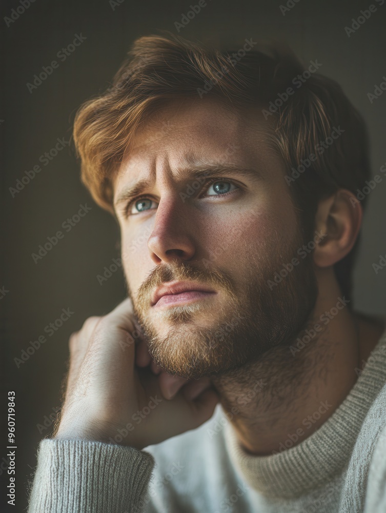 Poster the man appears introspective as he rests his chin on his hand, his serious expression illuminated b